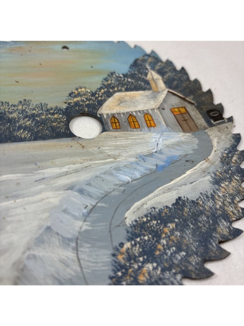 Vintage Hand Painted Saw Blade 6.5 Inches Snowy Country Church Vintage Auto - Picture 2 of 5